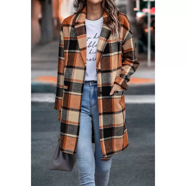 imagePRETTYGARDEN Womens 2024 Plaid Shacket Jacket Casual Button Wool Blend Winter Tartan Trench Coat With PocketsOrange