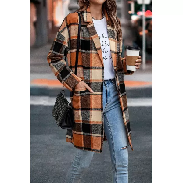 imagePRETTYGARDEN Womens 2024 Plaid Shacket Jacket Casual Button Wool Blend Winter Tartan Trench Coat With PocketsOrange
