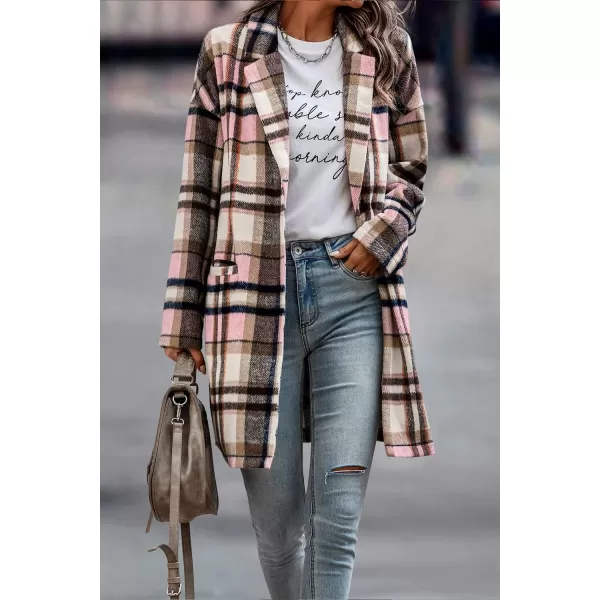 imagePRETTYGARDEN Womens 2024 Plaid Shacket Jacket Casual Button Wool Blend Winter Tartan Trench Coat With PocketsPink