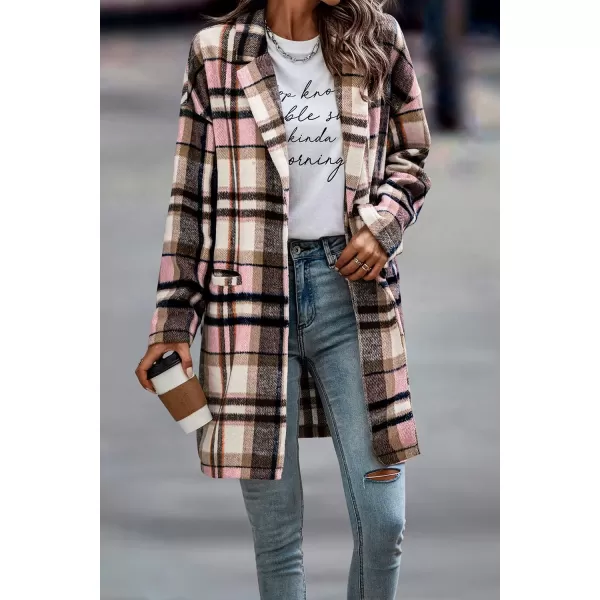 imagePRETTYGARDEN Womens 2024 Plaid Shacket Jacket Casual Button Wool Blend Winter Tartan Trench Coat With PocketsPink