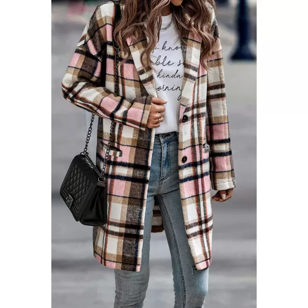 imagePRETTYGARDEN Womens 2024 Plaid Shacket Jacket Casual Button Wool Blend Winter Tartan Trench Coat With PocketsPink