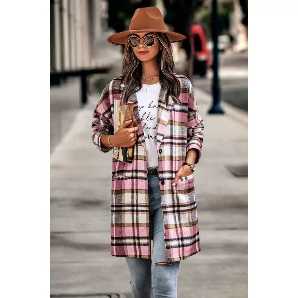 imagePRETTYGARDEN Womens 2024 Plaid Shacket Jacket Casual Button Wool Blend Winter Tartan Trench Coat With PocketsPink