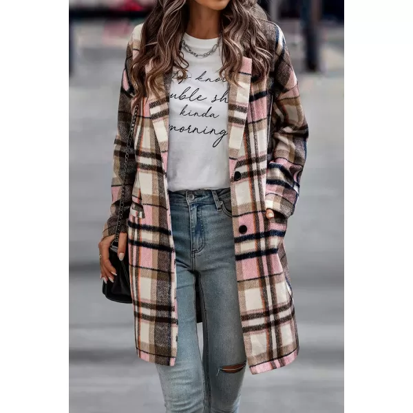 imagePRETTYGARDEN Womens 2024 Plaid Shacket Jacket Casual Button Wool Blend Winter Tartan Trench Coat With PocketsPink