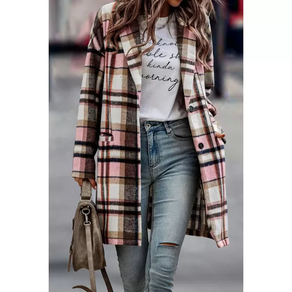 imagePRETTYGARDEN Womens 2024 Plaid Shacket Jacket Casual Button Wool Blend Winter Tartan Trench Coat With PocketsPink
