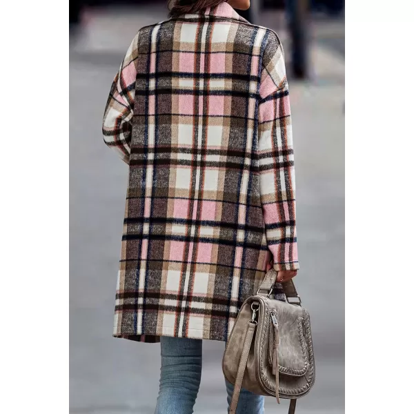 imagePRETTYGARDEN Womens 2024 Plaid Shacket Jacket Casual Button Wool Blend Winter Tartan Trench Coat With PocketsPink