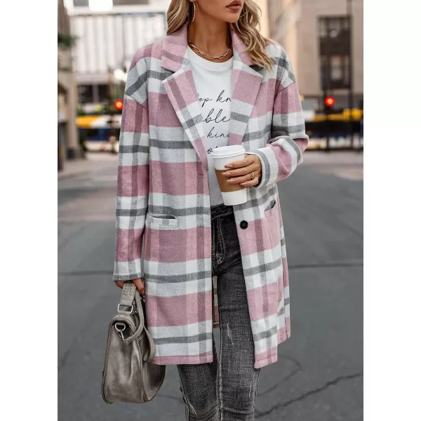 imagePRETTYGARDEN Womens 2024 Plaid Shacket Jacket Casual Button Wool Blend Winter Tartan Trench Coat With PocketsPink White