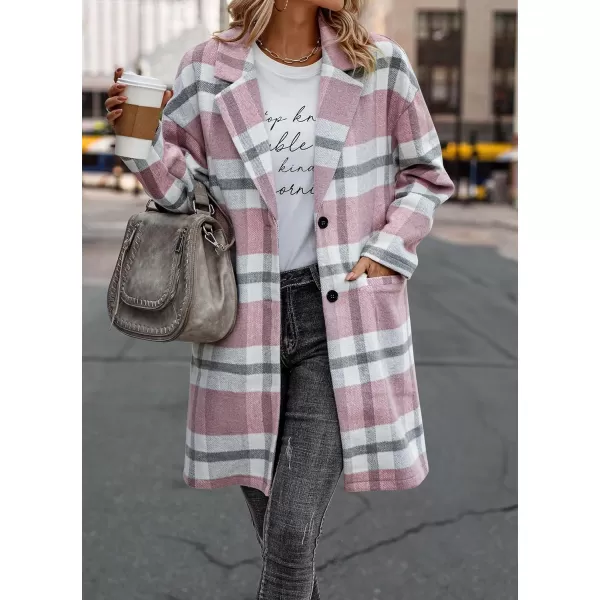 imagePRETTYGARDEN Womens 2024 Plaid Shacket Jacket Casual Button Wool Blend Winter Tartan Trench Coat With PocketsPink White