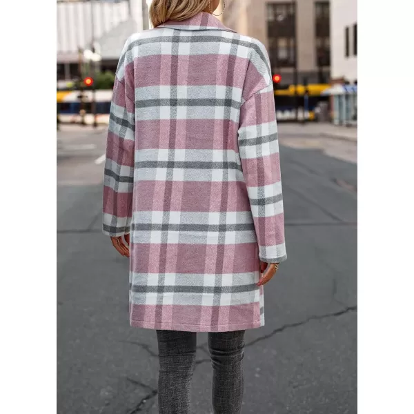 imagePRETTYGARDEN Womens 2024 Plaid Shacket Jacket Casual Button Wool Blend Winter Tartan Trench Coat With PocketsPink White
