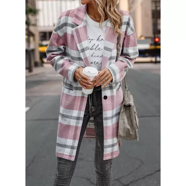 imagePRETTYGARDEN Womens 2024 Plaid Shacket Jacket Casual Button Wool Blend Winter Tartan Trench Coat With PocketsPink White
