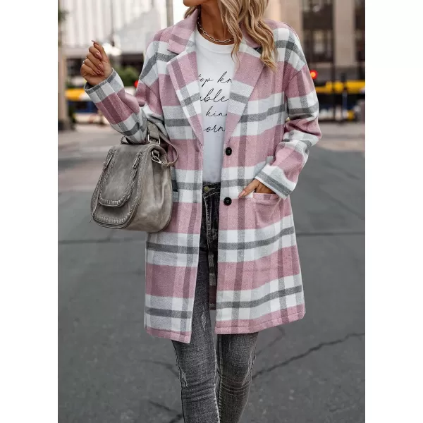 imagePRETTYGARDEN Womens 2024 Plaid Shacket Jacket Casual Button Wool Blend Winter Tartan Trench Coat With PocketsPink White