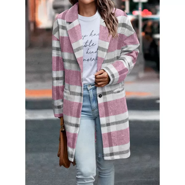 imagePRETTYGARDEN Womens 2024 Plaid Shacket Jacket Casual Button Wool Blend Winter Tartan Trench Coat With PocketsPink White