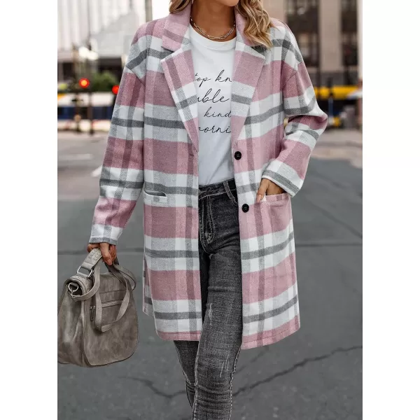 imagePRETTYGARDEN Womens 2024 Plaid Shacket Jacket Casual Button Wool Blend Winter Tartan Trench Coat With PocketsPink White