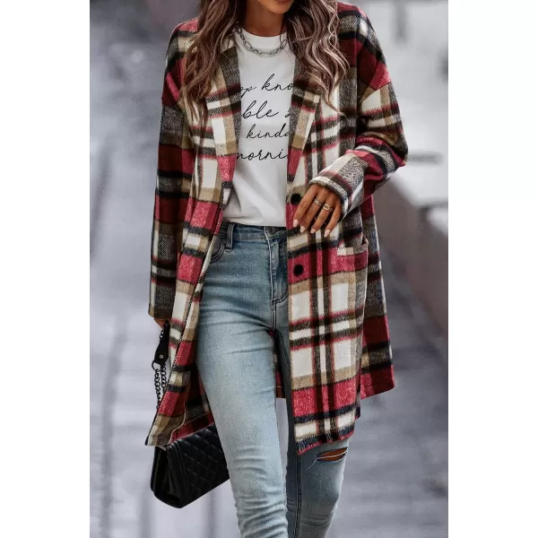 imagePRETTYGARDEN Womens 2024 Plaid Shacket Jacket Casual Button Wool Blend Winter Tartan Trench Coat With PocketsRed