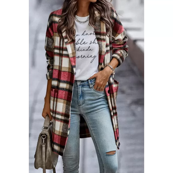 imagePRETTYGARDEN Womens 2024 Plaid Shacket Jacket Casual Button Wool Blend Winter Tartan Trench Coat With PocketsRed