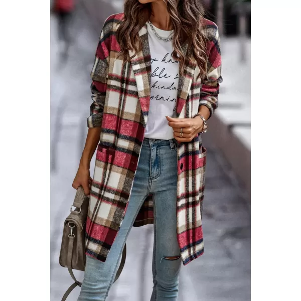 imagePRETTYGARDEN Womens 2024 Plaid Shacket Jacket Casual Button Wool Blend Winter Tartan Trench Coat With PocketsRed
