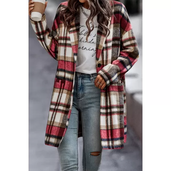 imagePRETTYGARDEN Womens 2024 Plaid Shacket Jacket Casual Button Wool Blend Winter Tartan Trench Coat With PocketsRed