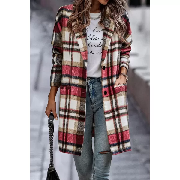 imagePRETTYGARDEN Womens 2024 Plaid Shacket Jacket Casual Button Wool Blend Winter Tartan Trench Coat With PocketsRed
