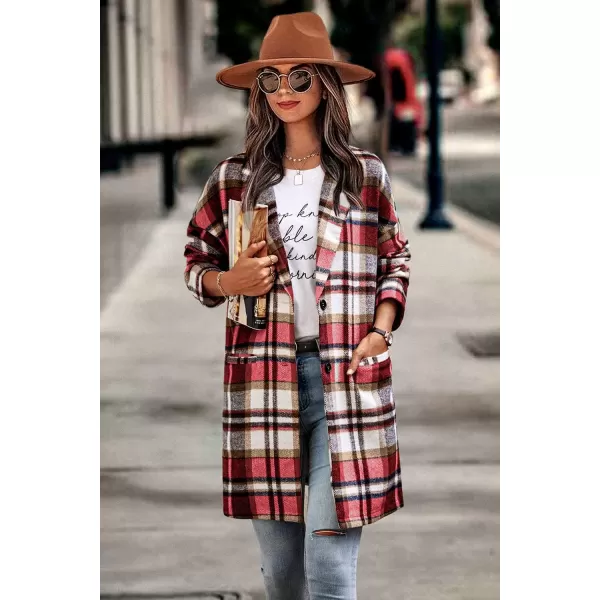 imagePRETTYGARDEN Womens 2024 Plaid Shacket Jacket Casual Button Wool Blend Winter Tartan Trench Coat With PocketsRed