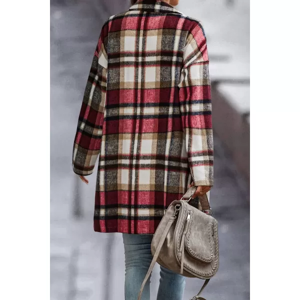 imagePRETTYGARDEN Womens 2024 Plaid Shacket Jacket Casual Button Wool Blend Winter Tartan Trench Coat With PocketsRed