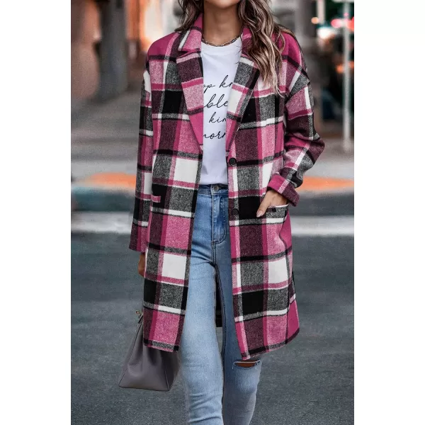 imagePRETTYGARDEN Womens 2024 Plaid Shacket Jacket Casual Button Wool Blend Winter Tartan Trench Coat With PocketsRose Red