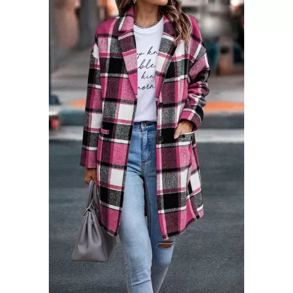 imagePRETTYGARDEN Womens 2024 Plaid Shacket Jacket Casual Button Wool Blend Winter Tartan Trench Coat With PocketsRose Red
