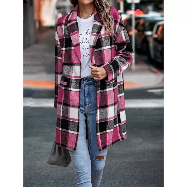 imagePRETTYGARDEN Womens 2024 Plaid Shacket Jacket Casual Button Wool Blend Winter Tartan Trench Coat With PocketsRose Red