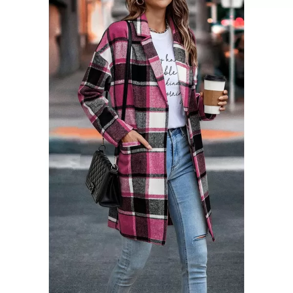 imagePRETTYGARDEN Womens 2024 Plaid Shacket Jacket Casual Button Wool Blend Winter Tartan Trench Coat With PocketsRose Red