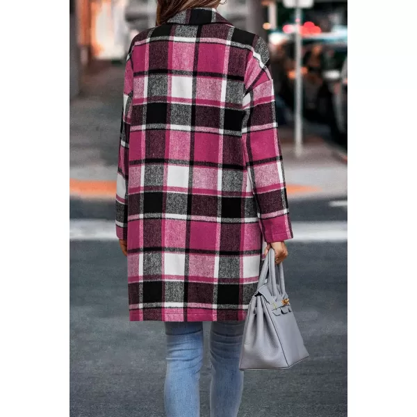 imagePRETTYGARDEN Womens 2024 Plaid Shacket Jacket Casual Button Wool Blend Winter Tartan Trench Coat With PocketsRose Red