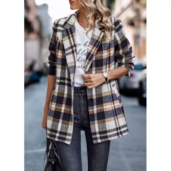 imagePRETTYGARDEN Womens 2024 Plaid Shacket Jacket Casual Button Wool Blend Winter Tartan Trench Coat With PocketsShort Style Brown
