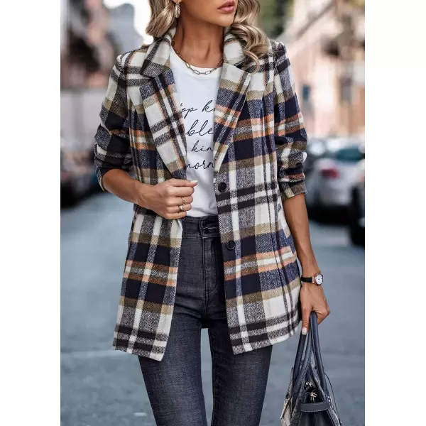 imagePRETTYGARDEN Womens 2024 Plaid Shacket Jacket Casual Button Wool Blend Winter Tartan Trench Coat With PocketsShort Style Brown