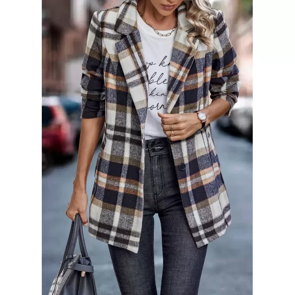imagePRETTYGARDEN Womens 2024 Plaid Shacket Jacket Casual Button Wool Blend Winter Tartan Trench Coat With PocketsShort Style Brown