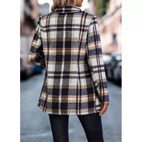 imagePRETTYGARDEN Womens 2024 Plaid Shacket Jacket Casual Button Wool Blend Winter Tartan Trench Coat With PocketsShort Style Brown