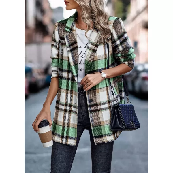 imagePRETTYGARDEN Womens 2024 Plaid Shacket Jacket Casual Button Wool Blend Winter Tartan Trench Coat With PocketsShort Style Green