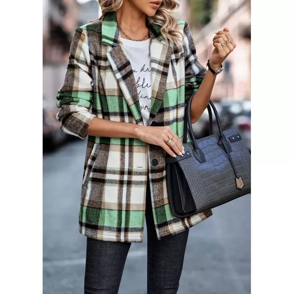 imagePRETTYGARDEN Womens 2024 Plaid Shacket Jacket Casual Button Wool Blend Winter Tartan Trench Coat With PocketsShort Style Green