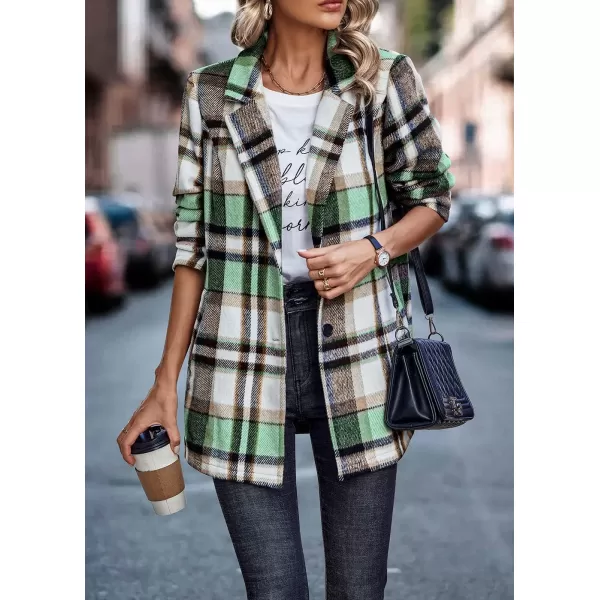 imagePRETTYGARDEN Womens 2024 Plaid Shacket Jacket Casual Button Wool Blend Winter Tartan Trench Coat With PocketsShort Style Green