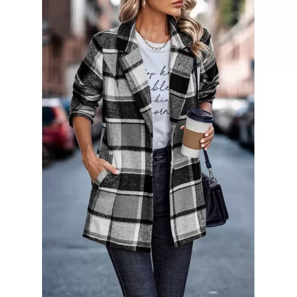 imagePRETTYGARDEN Womens 2024 Plaid Shacket Jacket Casual Button Wool Blend Winter Tartan Trench Coat With PocketsShort Style Grey