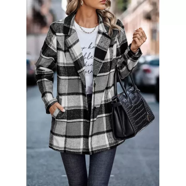 imagePRETTYGARDEN Womens 2024 Plaid Shacket Jacket Casual Button Wool Blend Winter Tartan Trench Coat With PocketsShort Style Grey