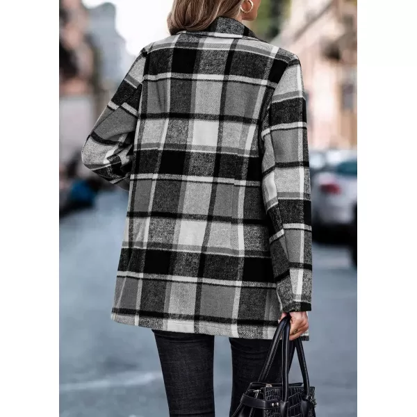 imagePRETTYGARDEN Womens 2024 Plaid Shacket Jacket Casual Button Wool Blend Winter Tartan Trench Coat With PocketsShort Style Grey