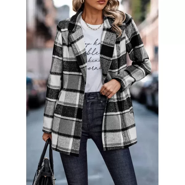 imagePRETTYGARDEN Womens 2024 Plaid Shacket Jacket Casual Button Wool Blend Winter Tartan Trench Coat With PocketsShort Style Grey