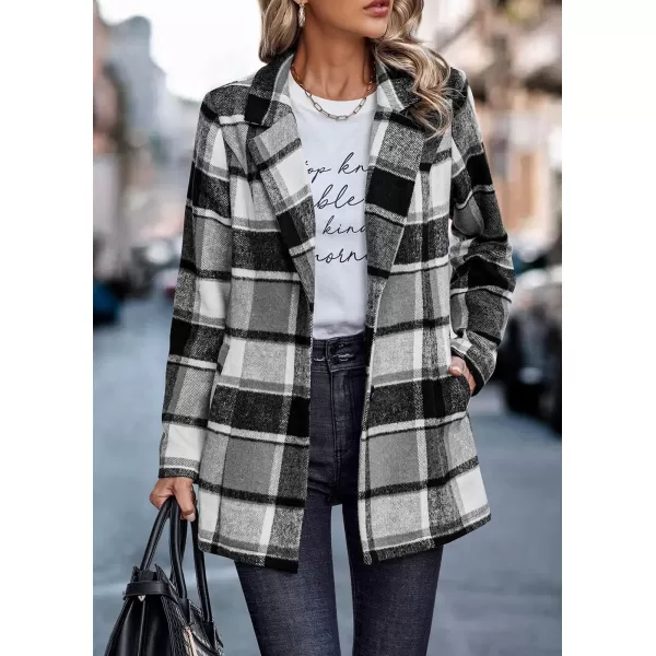 imagePRETTYGARDEN Womens 2024 Plaid Shacket Jacket Casual Button Wool Blend Winter Tartan Trench Coat With PocketsShort Style Grey