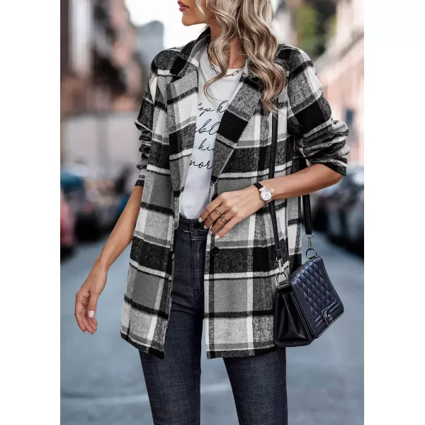 imagePRETTYGARDEN Womens 2024 Plaid Shacket Jacket Casual Button Wool Blend Winter Tartan Trench Coat With PocketsShort Style Grey
