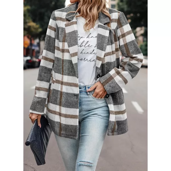 imagePRETTYGARDEN Womens 2024 Plaid Shacket Jacket Casual Button Wool Blend Winter Tartan Trench Coat With PocketsShort Style Grey White