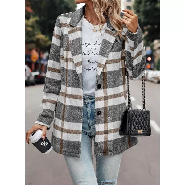 imagePRETTYGARDEN Womens 2024 Plaid Shacket Jacket Casual Button Wool Blend Winter Tartan Trench Coat With PocketsShort Style Grey White