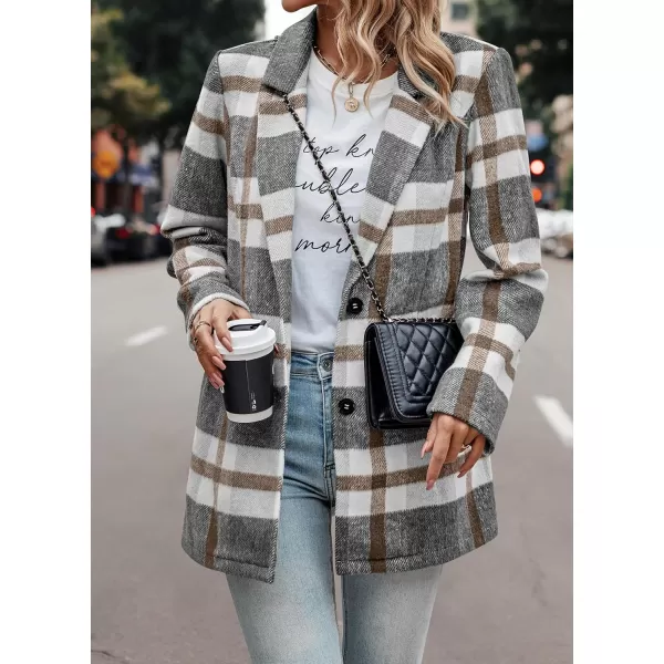 imagePRETTYGARDEN Womens 2024 Plaid Shacket Jacket Casual Button Wool Blend Winter Tartan Trench Coat With PocketsShort Style Grey White