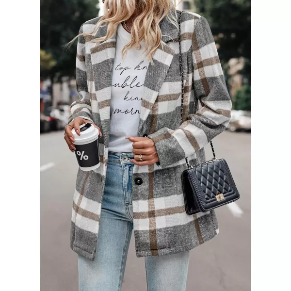 imagePRETTYGARDEN Womens 2024 Plaid Shacket Jacket Casual Button Wool Blend Winter Tartan Trench Coat With PocketsShort Style Grey White