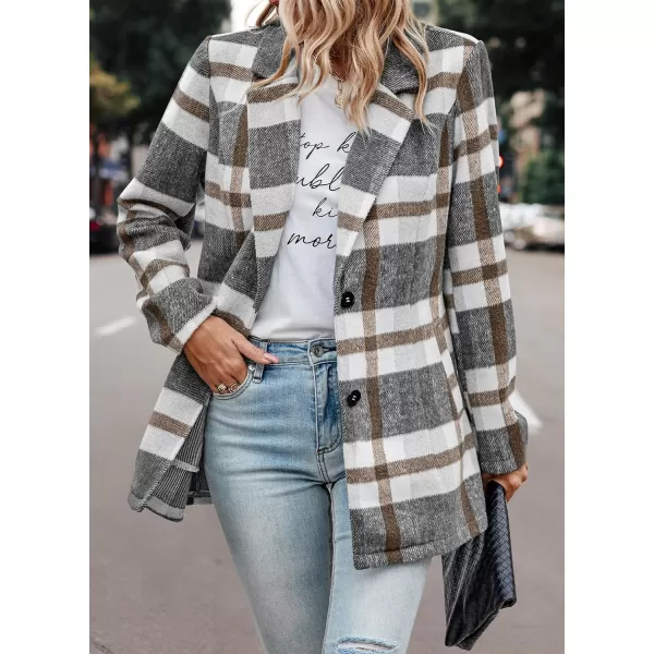imagePRETTYGARDEN Womens 2024 Plaid Shacket Jacket Casual Button Wool Blend Winter Tartan Trench Coat With PocketsShort Style Grey White