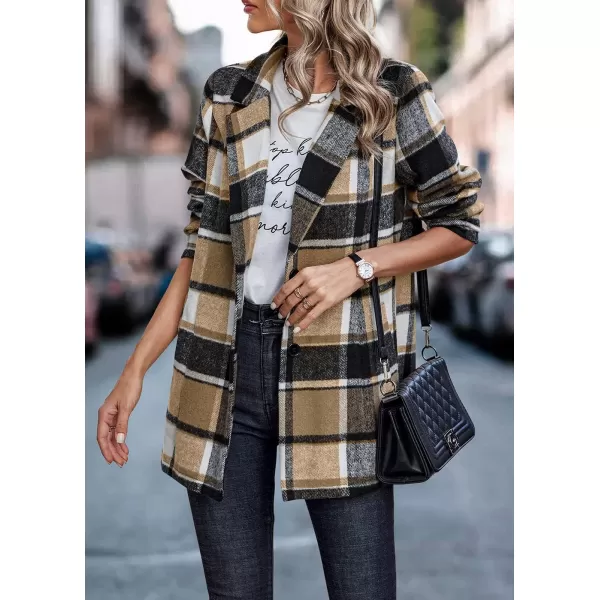 imagePRETTYGARDEN Womens 2024 Plaid Shacket Jacket Casual Button Wool Blend Winter Tartan Trench Coat With PocketsShort Style Khaki