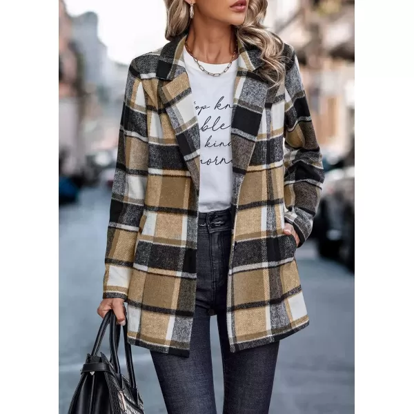 imagePRETTYGARDEN Womens 2024 Plaid Shacket Jacket Casual Button Wool Blend Winter Tartan Trench Coat With PocketsShort Style Khaki