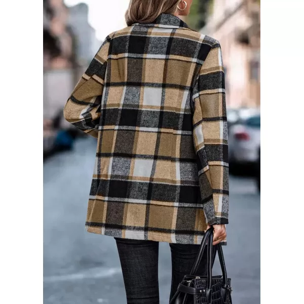 imagePRETTYGARDEN Womens 2024 Plaid Shacket Jacket Casual Button Wool Blend Winter Tartan Trench Coat With PocketsShort Style Khaki
