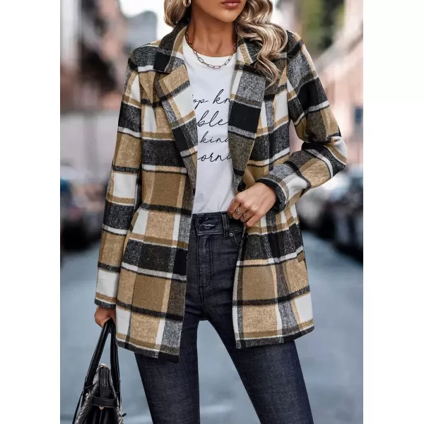 imagePRETTYGARDEN Womens 2024 Plaid Shacket Jacket Casual Button Wool Blend Winter Tartan Trench Coat With PocketsShort Style Khaki